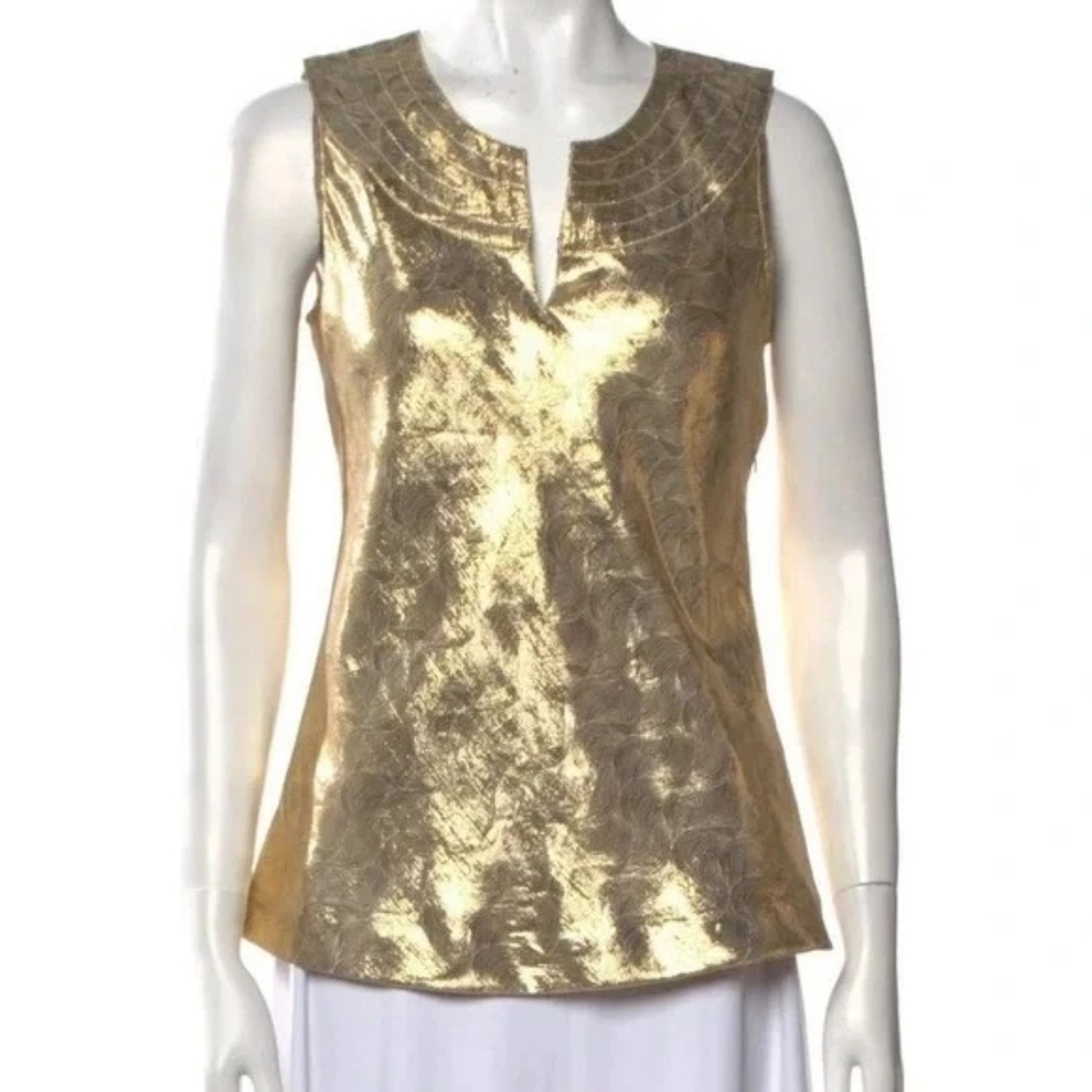 Tory Burch Silk Blend Luxe Gold Metallic Top $350 Stephanie Collection. Like New - Picture 2 of 13